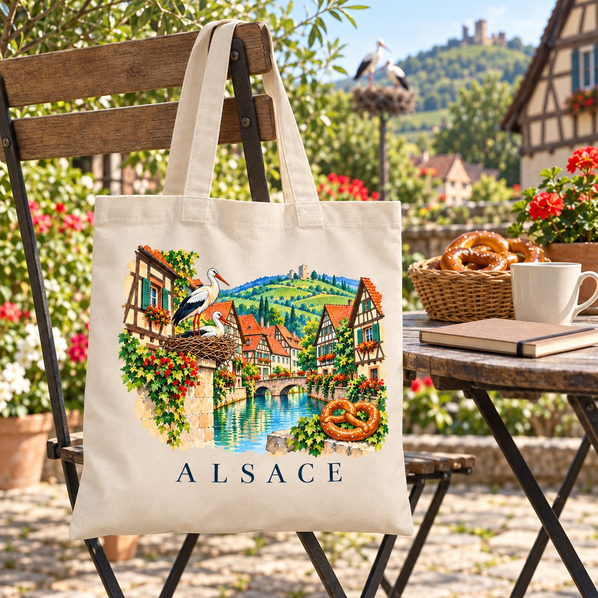 Tote bag Alsace Essentiel suspendu à une chaise en terrasse, à côté d'une corbeille de bretzels
