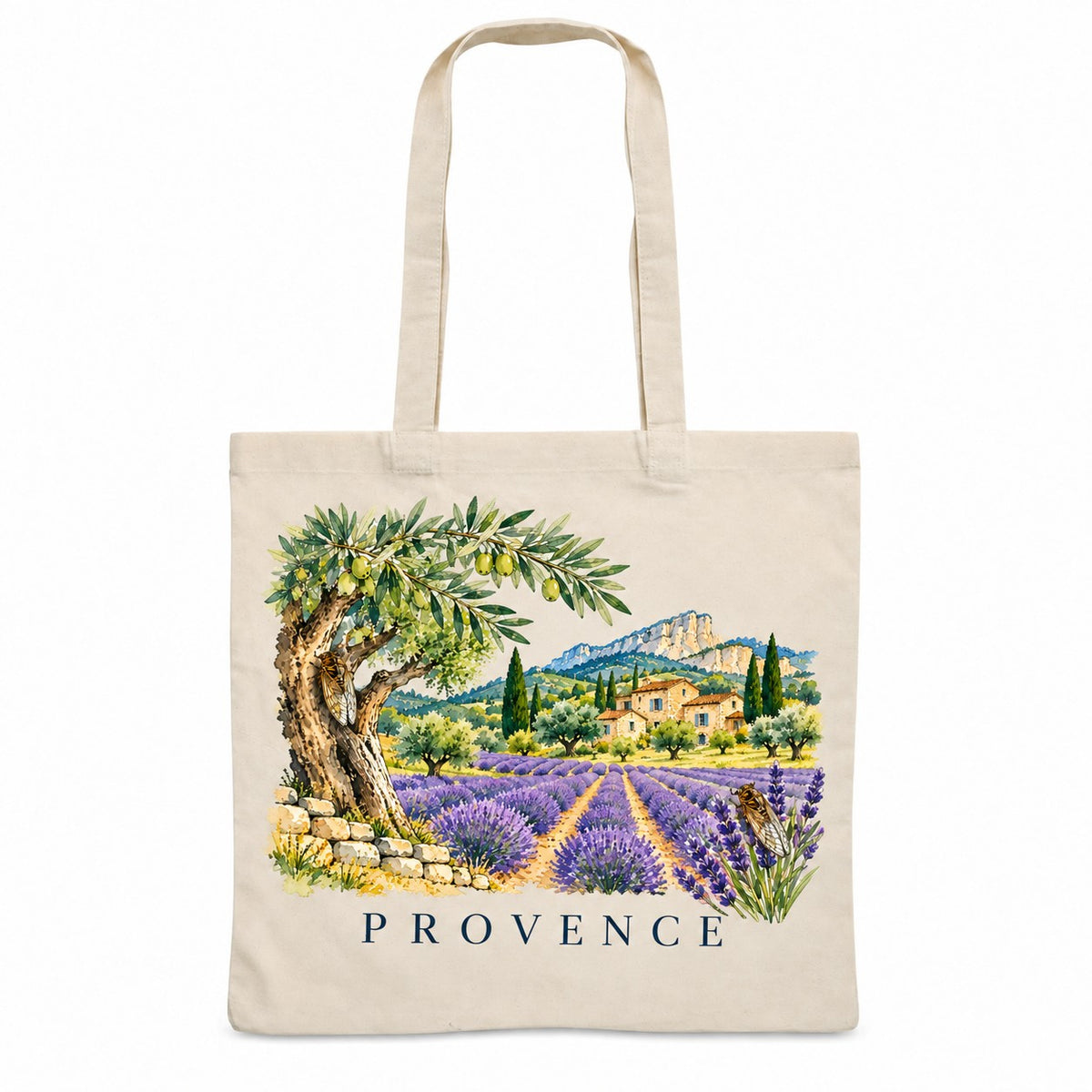 Tote bag Provence Essentiel, sac plat en coton naturel 140 g/m² de 38 × 42 cm, illustration aquarelle d'un vieil olivier, des champs de lavande et d'un mas