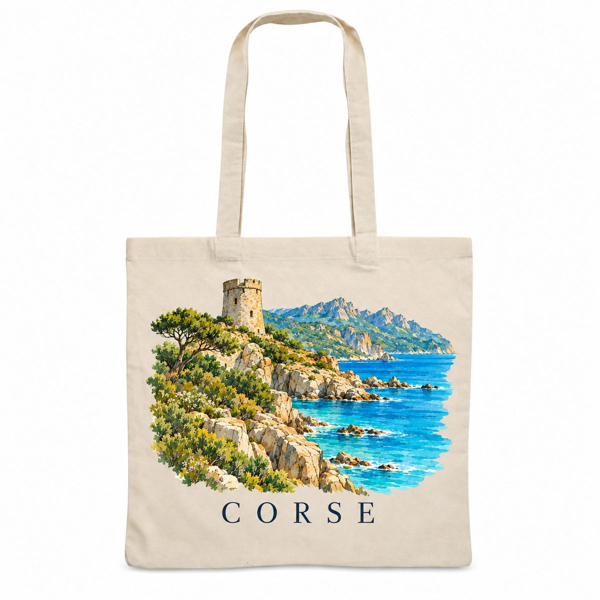 Tote bag Corse Essentiel, sac plat en coton naturel 140 g/m² de 38 × 42 cm, illustration aquarelle d'une tour génoise, du maquis et de la mer turquoise