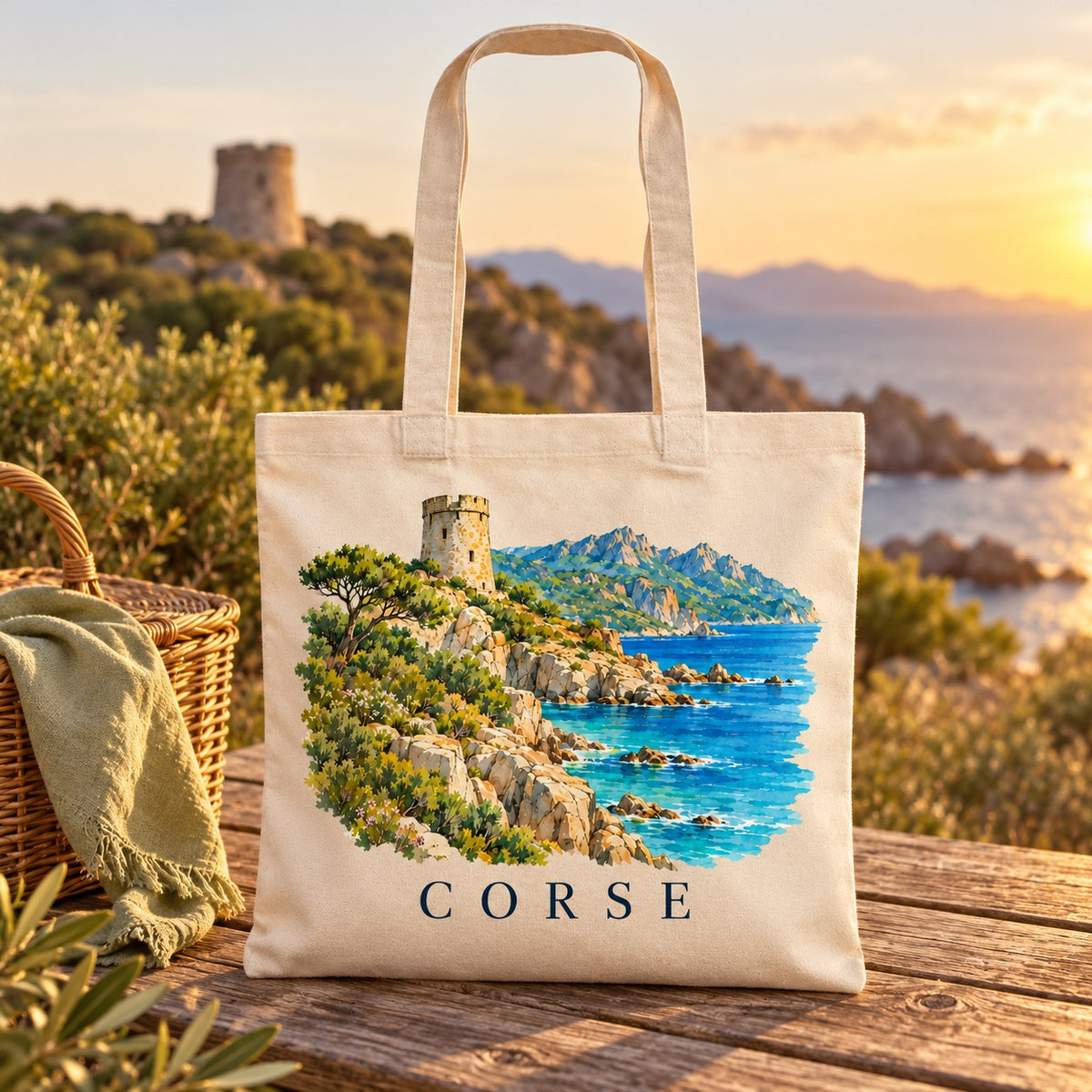 Tote bag Corse Essentiel posé sur une table face à la mer, au coucher du soleil