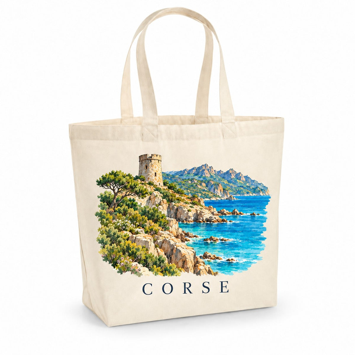 Tote bag Corse Premium, cabas à soufflet en coton naturel 200 g/m² de 18 litres, illustration aquarelle d'une tour génoise, du maquis et de la mer turquoise