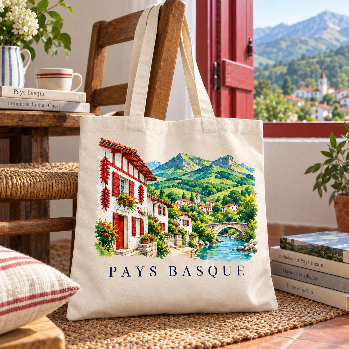 Tote bag Pays Basque Essentiel suspendu à une chaise près d'une fenêtre aux volets rouges