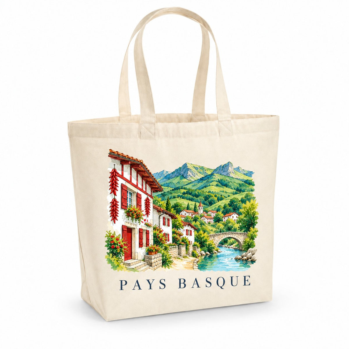 Tote bag Pays Basque Premium, cabas à soufflet en coton naturel 200 g/m² de 18 litres, illustration aquarelle d'une maison basque, des piments séchés et des montagnes