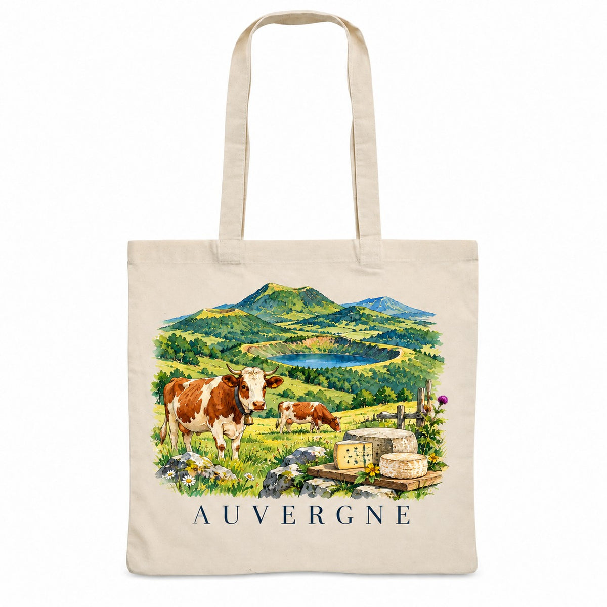 Tote bag Auvergne Essentiel, sac plat en coton naturel 140 g/m² de 38 × 42 cm, illustration aquarelle des volcans, d'un lac de cratère, des vaches et des fromages