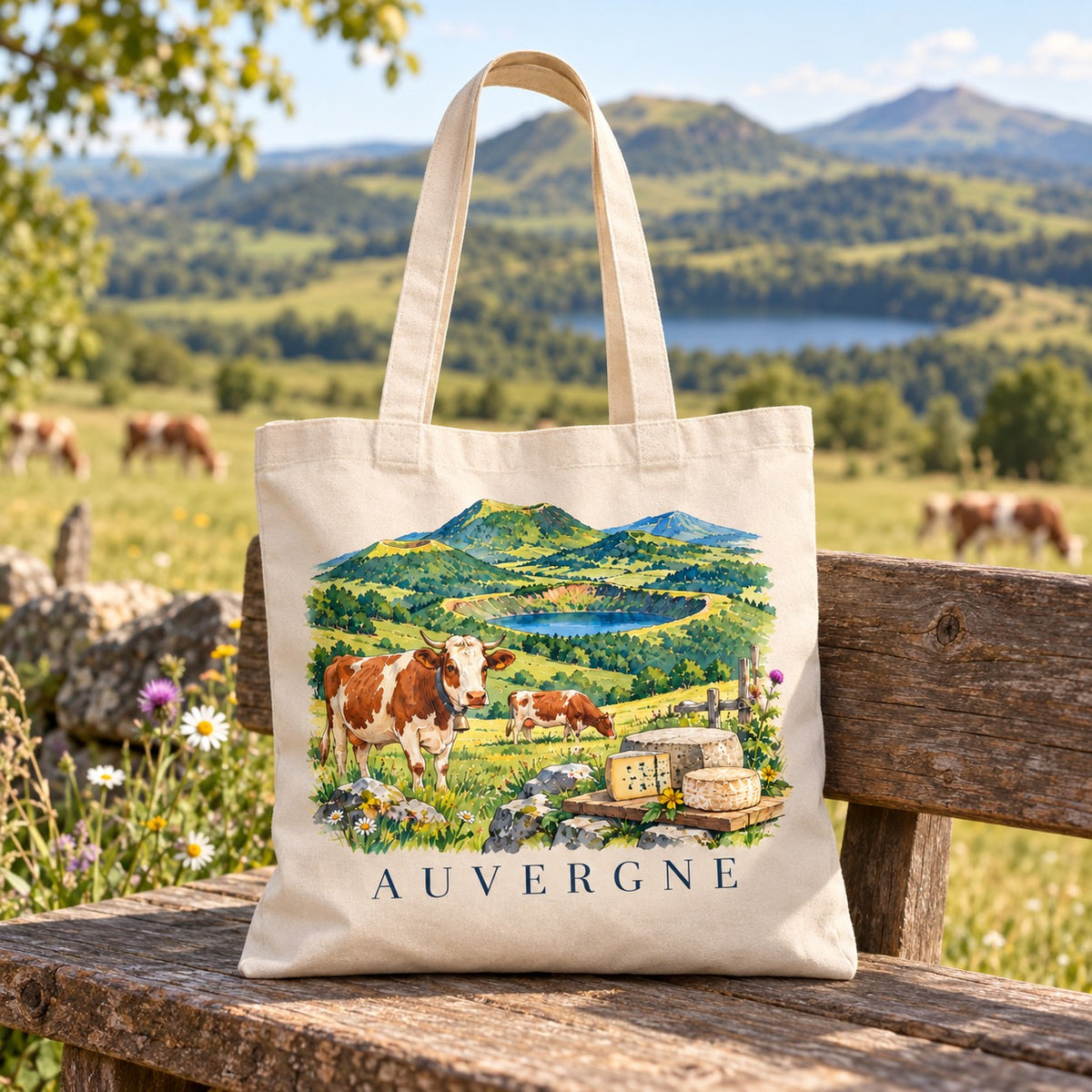 Tote bag Auvergne Essentiel posé sur un banc face aux volcans