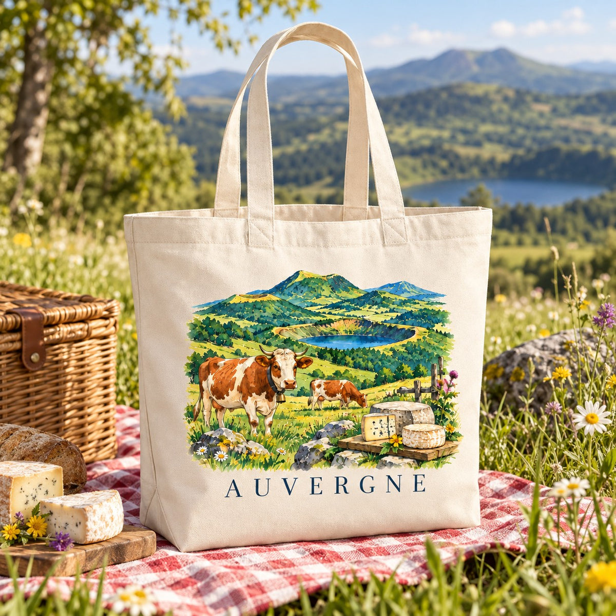 Tote bag Auvergne Premium posé sur une nappe vichy, à côté d'un plateau de fromages
