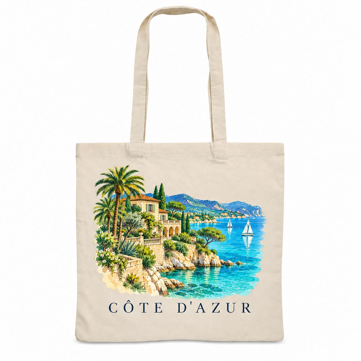 Tote bag Côte d'Azur Essentiel, sac plat en coton naturel 140 g/m² de 38 × 42 cm, illustration aquarelle d'une villa entre les palmiers, de la mer turquoise et des voiliers