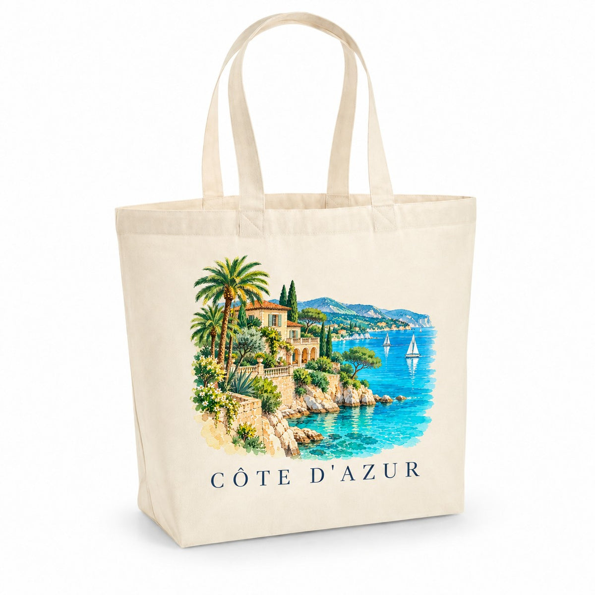 Tote bag Côte d'Azur Premium, cabas à soufflet en coton naturel 200 g/m² de 18 litres, illustration aquarelle d'une villa entre les palmiers, de la mer turquoise et des voiliers