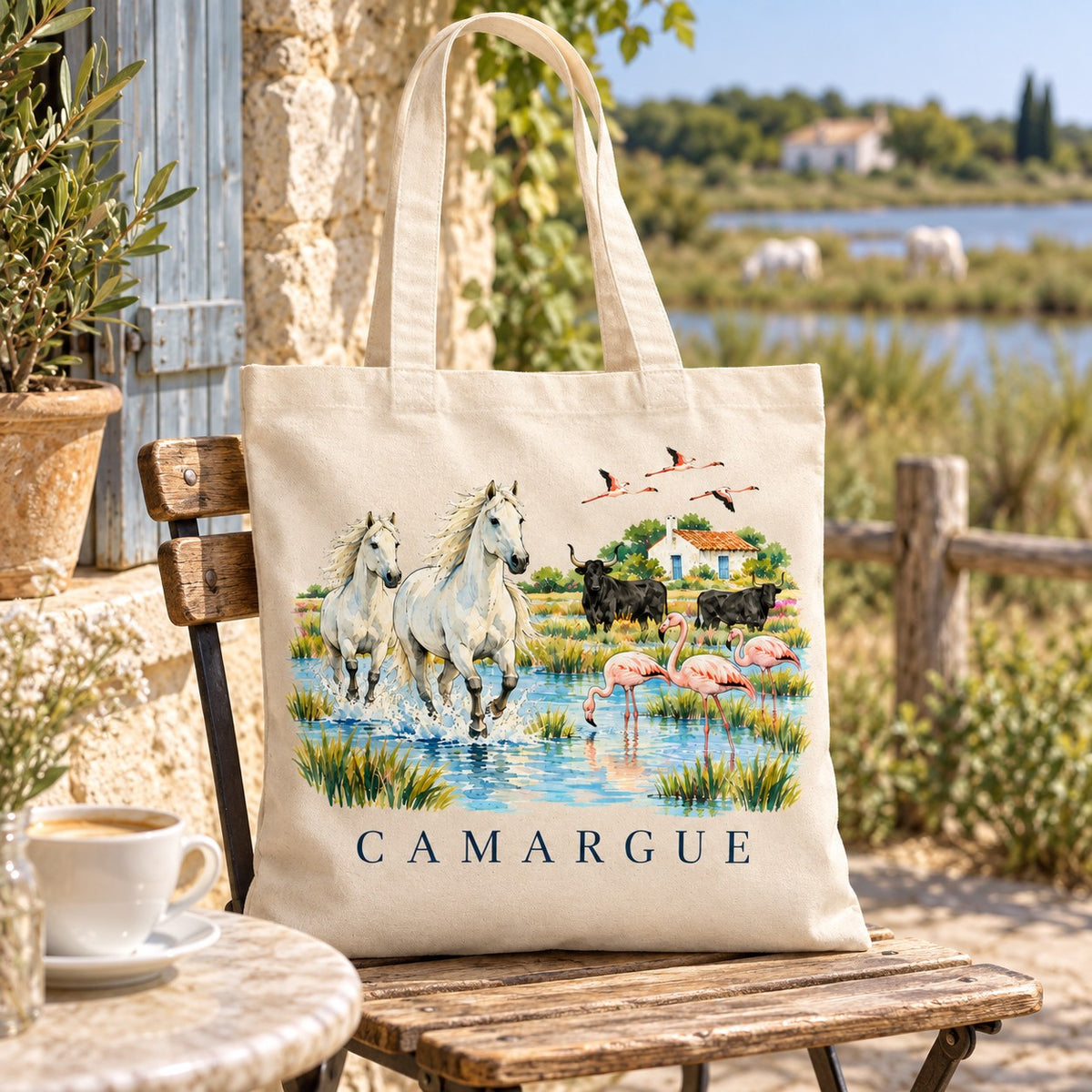 Tote bag Camargue Essentiel suspendu à une chaise de bois en terrasse, face aux étangs et aux flamants roses