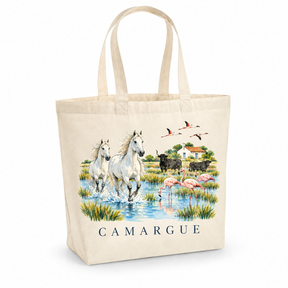 Tote bag Camargue Premium, cabas à soufflet en coton naturel 200 g/m² de 18 litres, illustration aquarelle des chevaux blancs, des taureaux noirs et des flamants roses