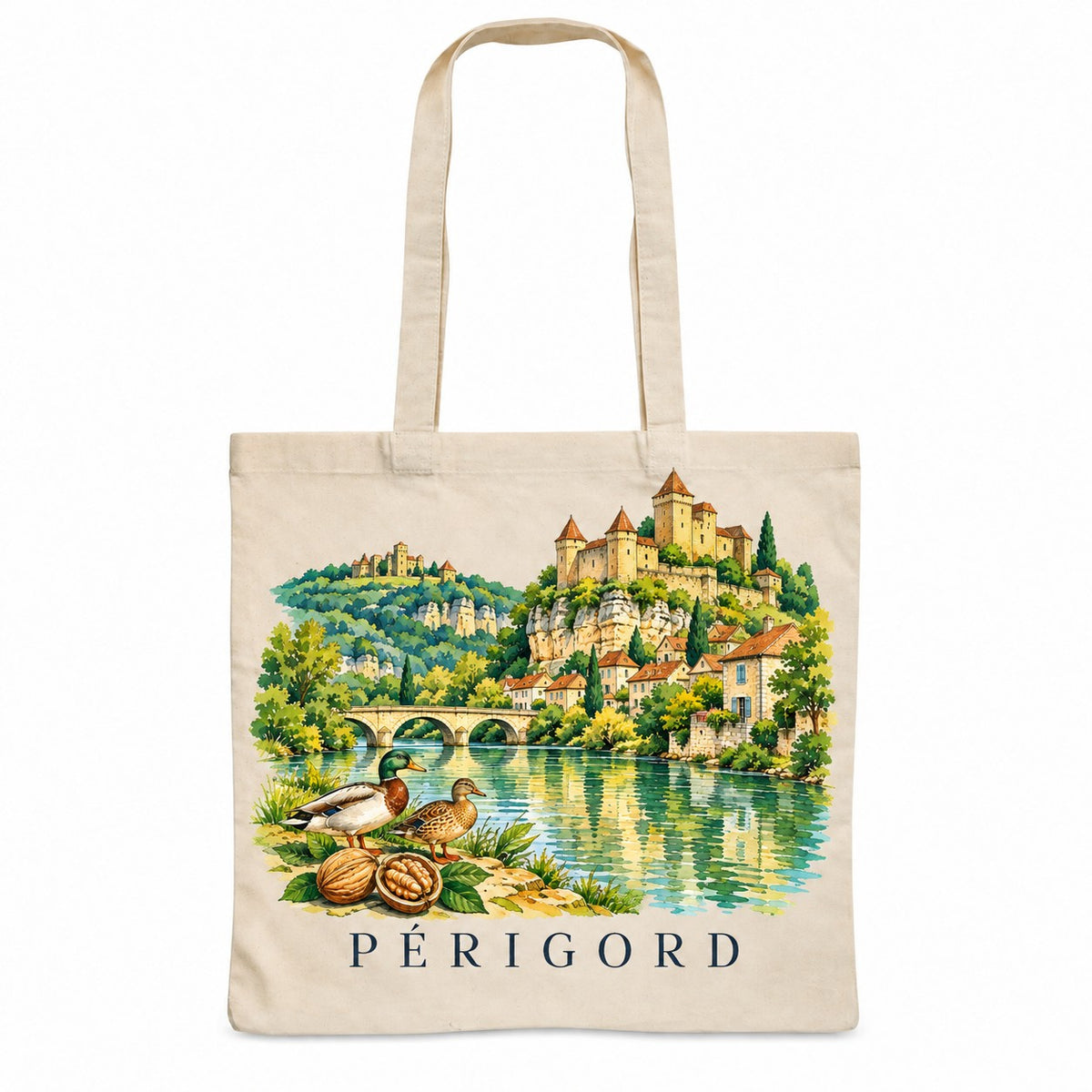 Tote bag Périgord Essentiel, sac plat en coton naturel 140 g/m² de 38 × 42 cm, illustration aquarelle d'un château perché, d'un village de pierre dorée, de canards et de noix