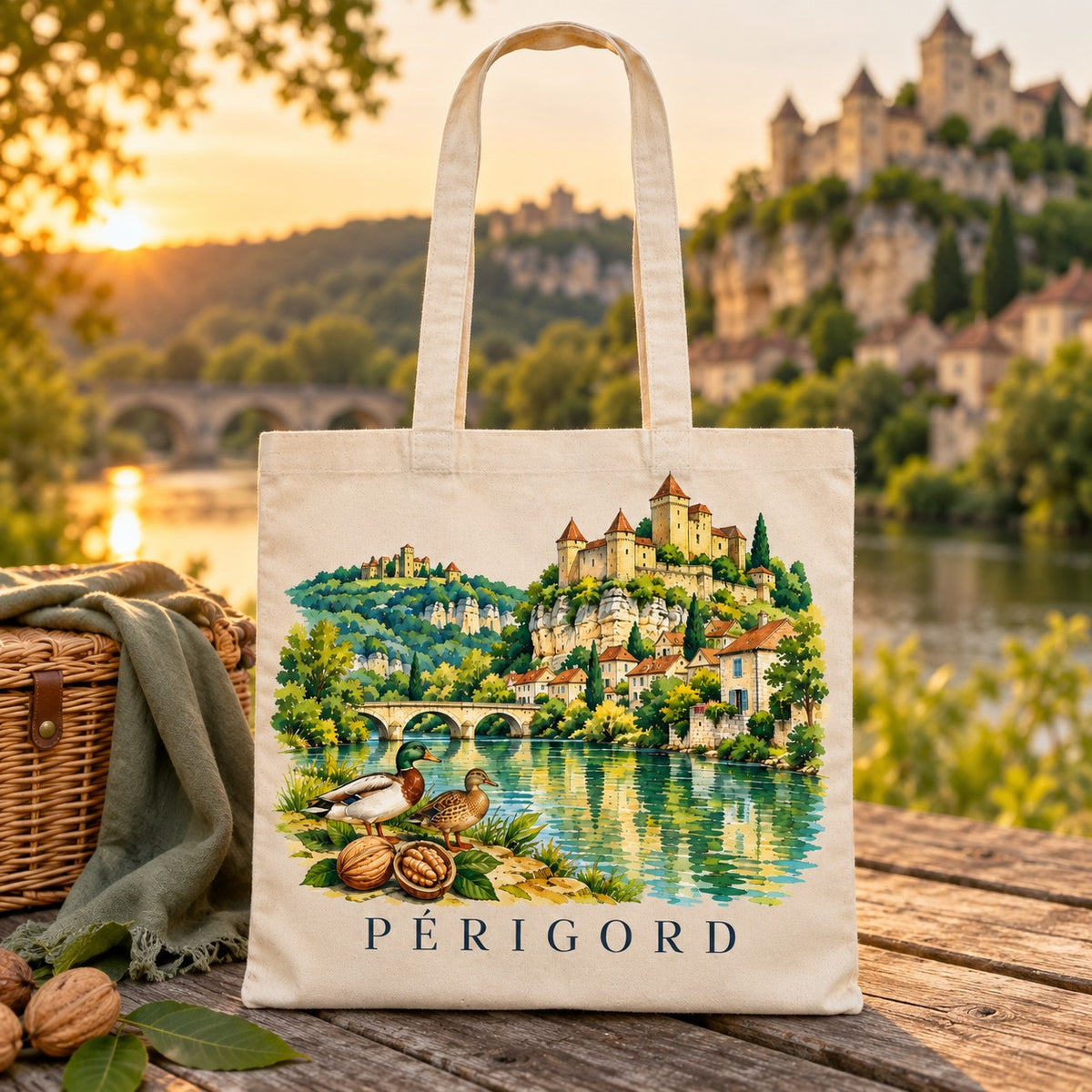 Tote bag Périgord Essentiel posé sur une table face au château, au coucher du soleil
