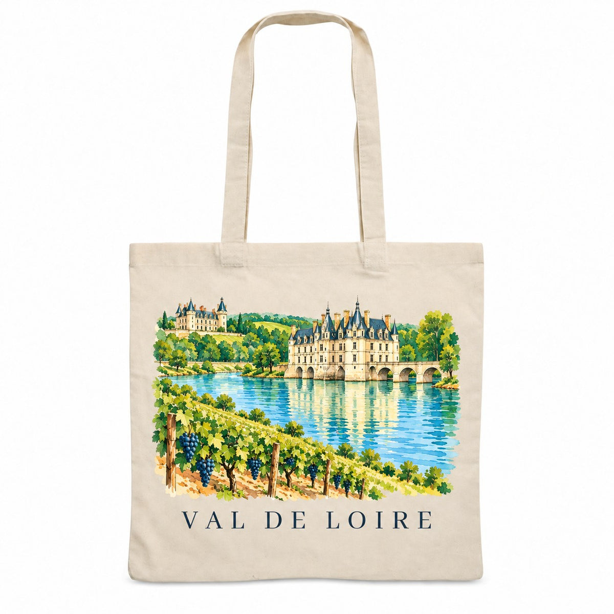 Tote bag Val de Loire Essentiel, sac plat en coton naturel 140 g/m² de 38 × 42 cm, illustration aquarelle des châteaux de la Loire, de la rivière et des vignes