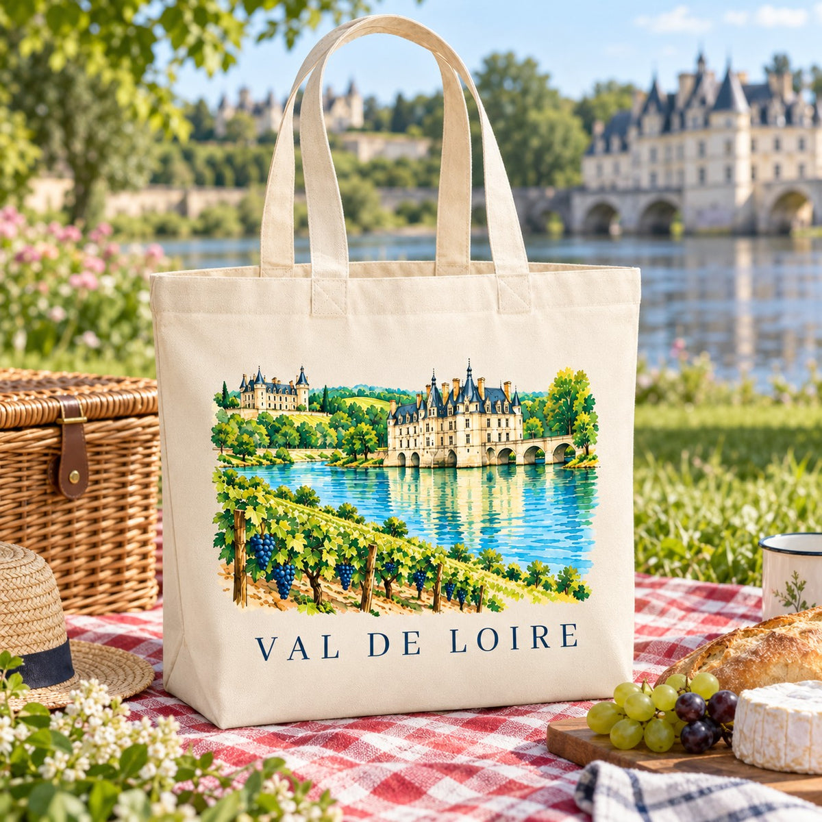 Tote bag Val de Loire Premium posé sur une nappe de pique-nique, avec du fromage et du raisin