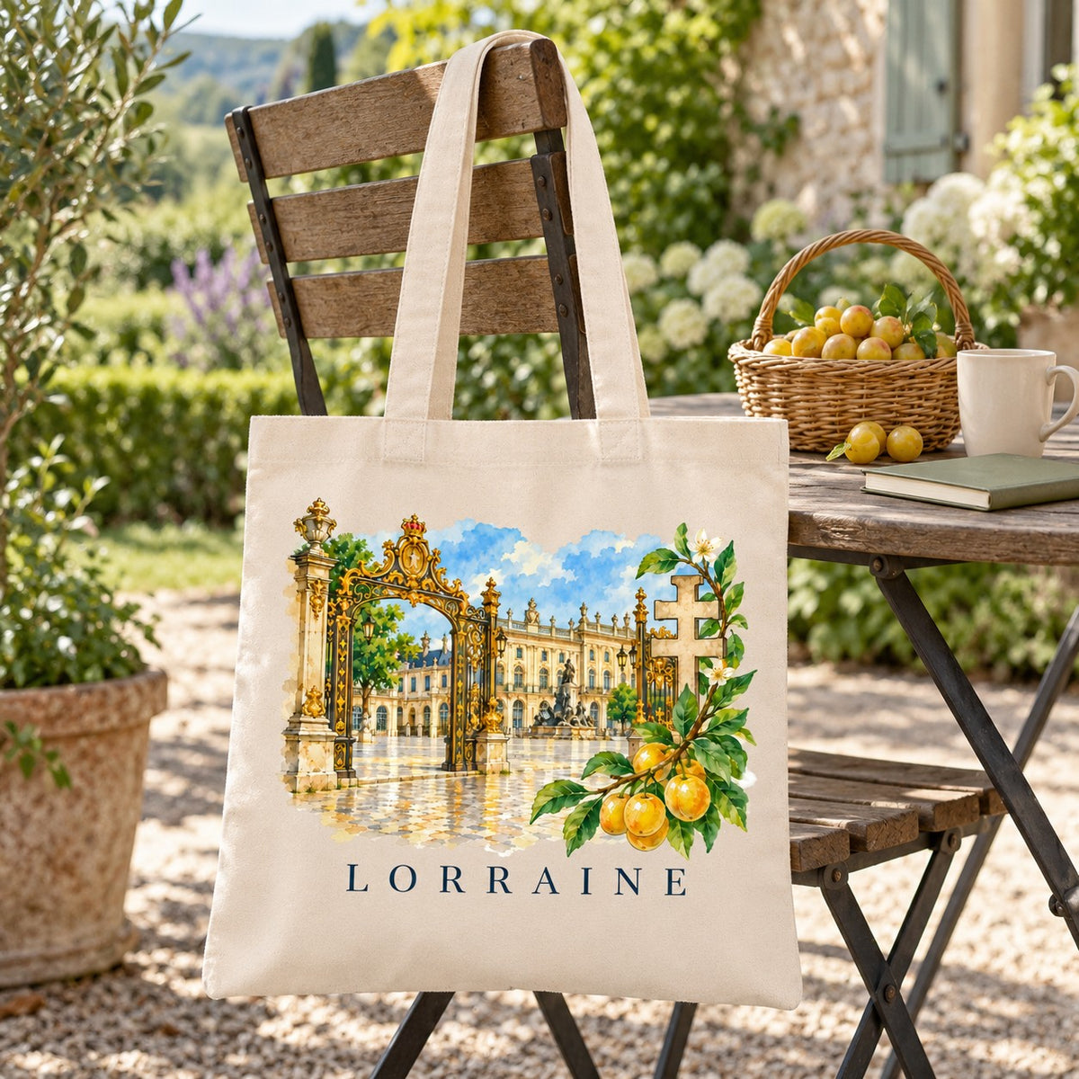 Tote bag Lorraine Essentiel suspendu à une chaise de jardin, à côté d'un panier de mirabelles