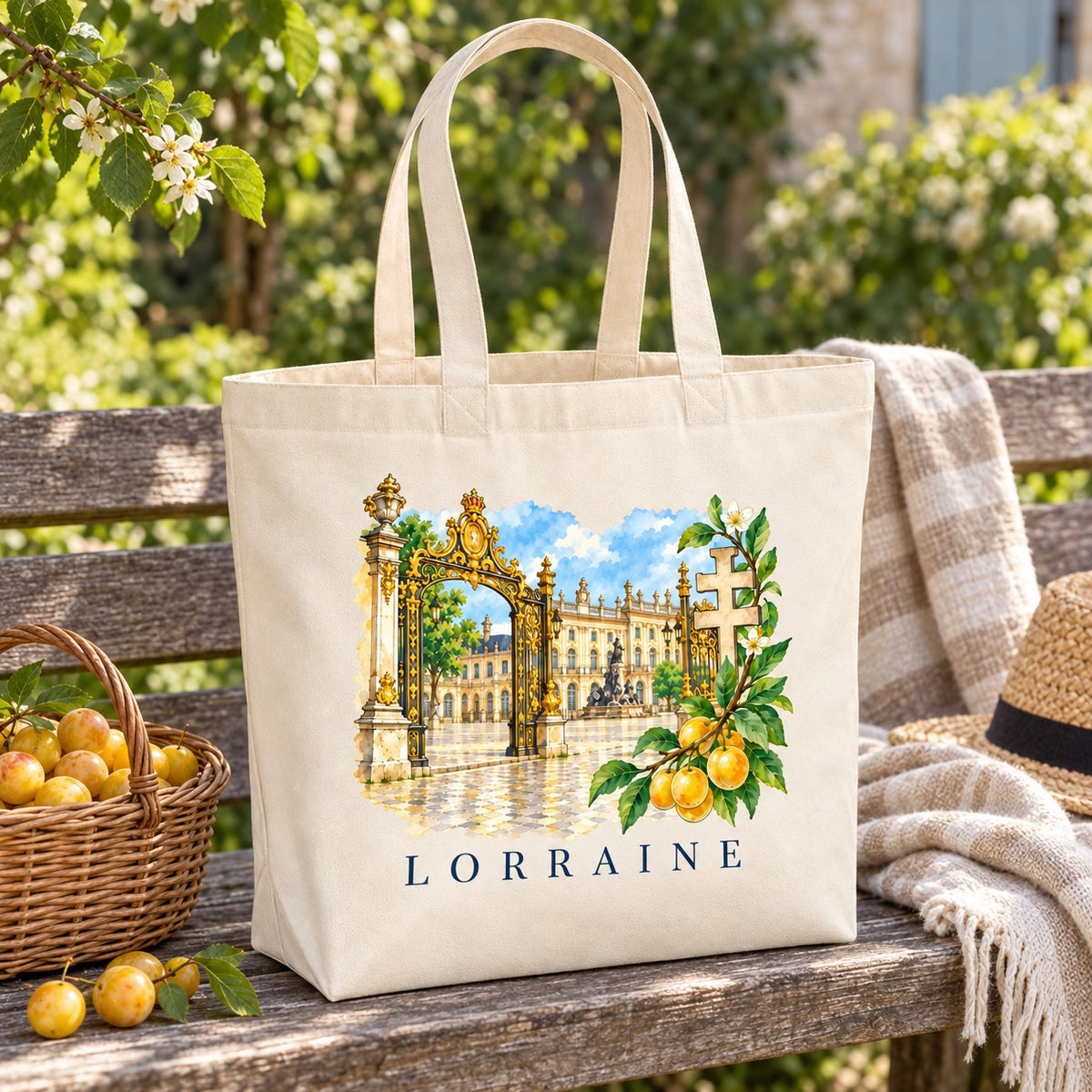 Tote bag Lorraine Premium posé sur un banc de jardin, avec un panier de mirabelles