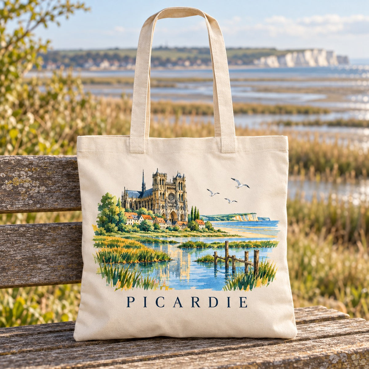 Tote bag Picardie Essentiel posé sur un banc face à la baie