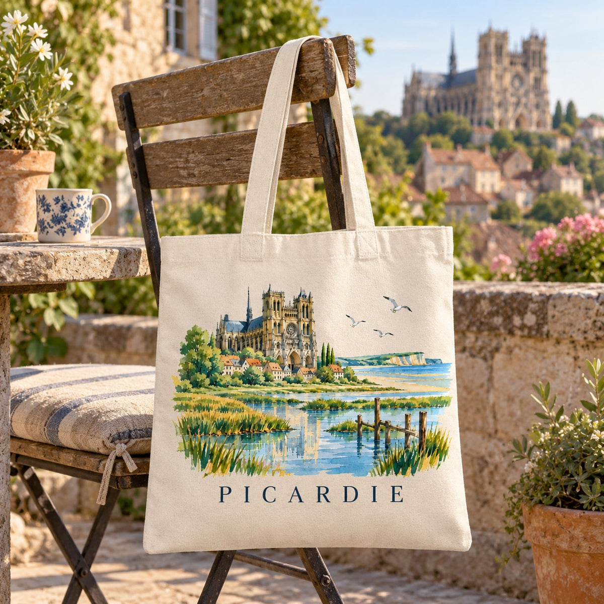 Tote bag Picardie Essentiel suspendu à une chaise en terrasse, cathédrale en arrière-plan