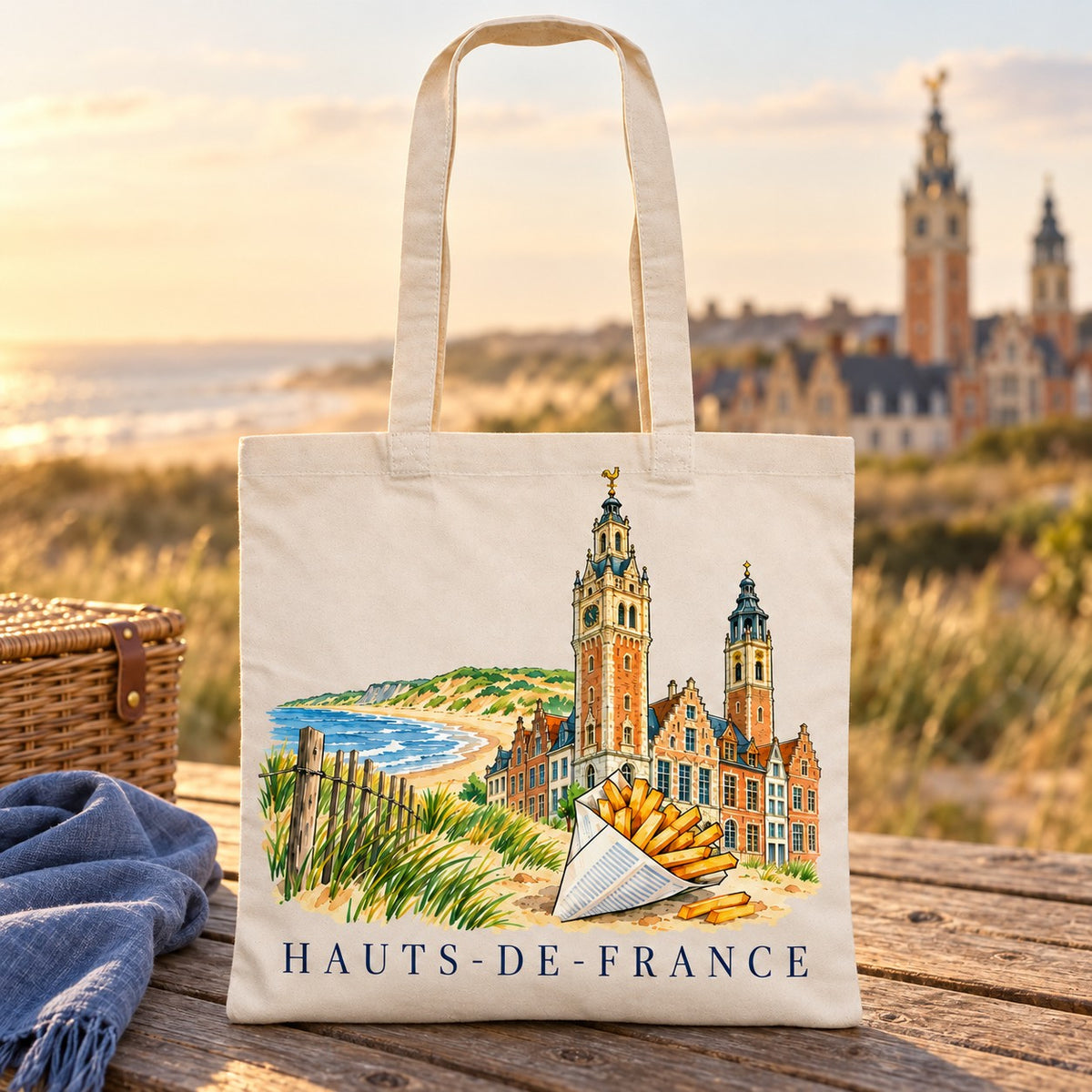 Tote bag Hauts-de-France Essentiel posé sur une table face à la mer, au coucher du soleil