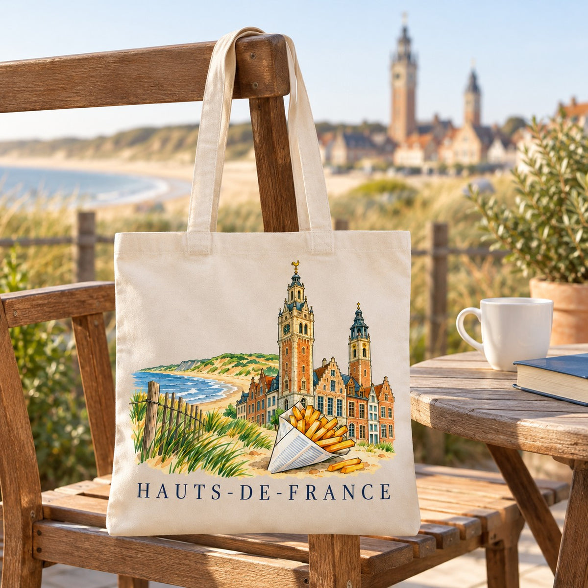 Tote bag Hauts-de-France Essentiel suspendu à une chaise en terrasse face à la plage