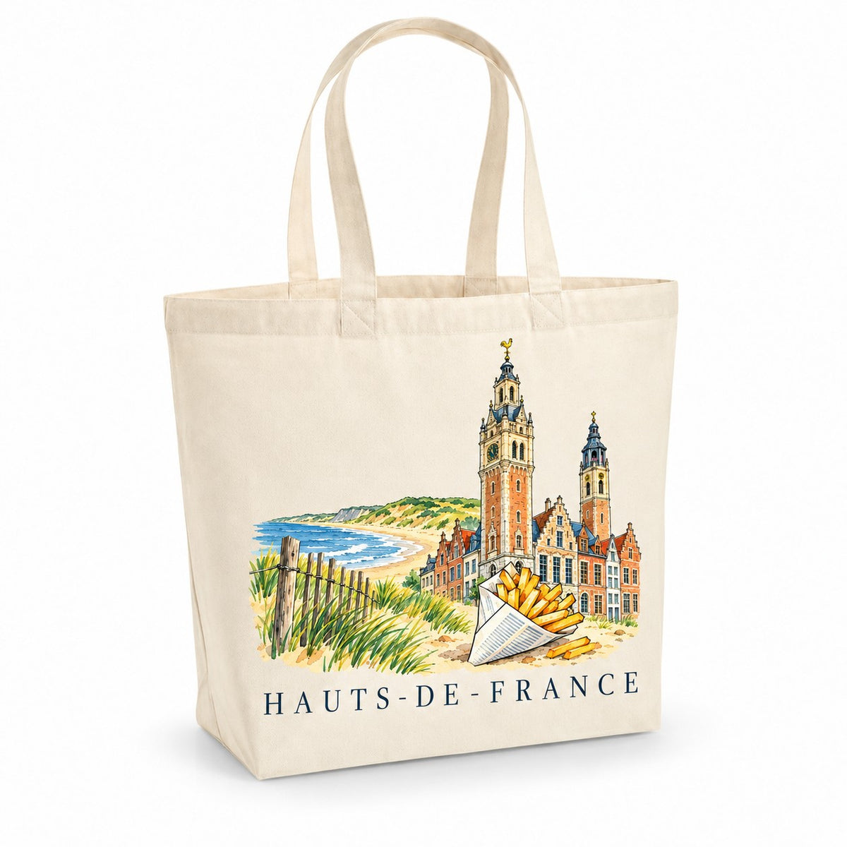 Tote bag Hauts-de-France Premium, cabas à soufflet en coton naturel 200 g/m² de 18 litres, illustration aquarelle d'un beffroi, des façades flamandes, des dunes et d'un cornet de frites