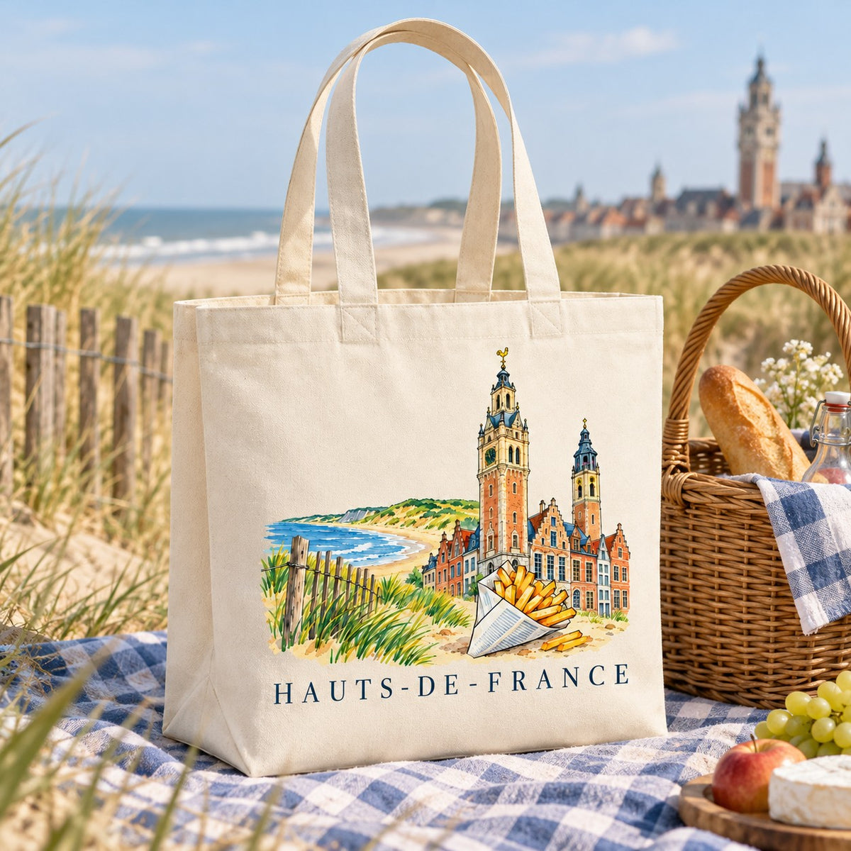 Tote bag Hauts-de-France Premium posé sur un plaid dans les dunes, avec un panier