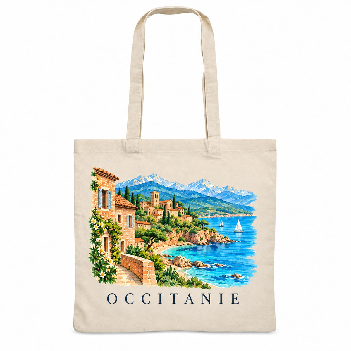 Tote bag Occitanie Essentiel, sac plat en coton naturel 140 g/m² de 38 × 42 cm, illustration aquarelle d'un village de pierre en bord de mer, des criques et des Pyrénées