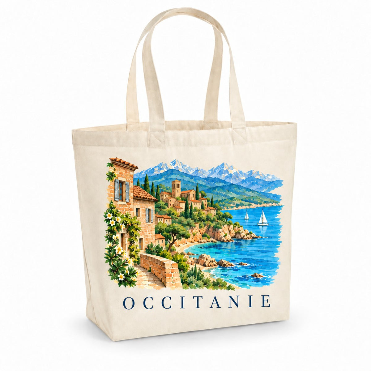 Tote bag Occitanie Premium, cabas à soufflet en coton naturel 200 g/m² de 18 litres, illustration aquarelle d'un village de pierre en bord de mer, des criques et des Pyrénées