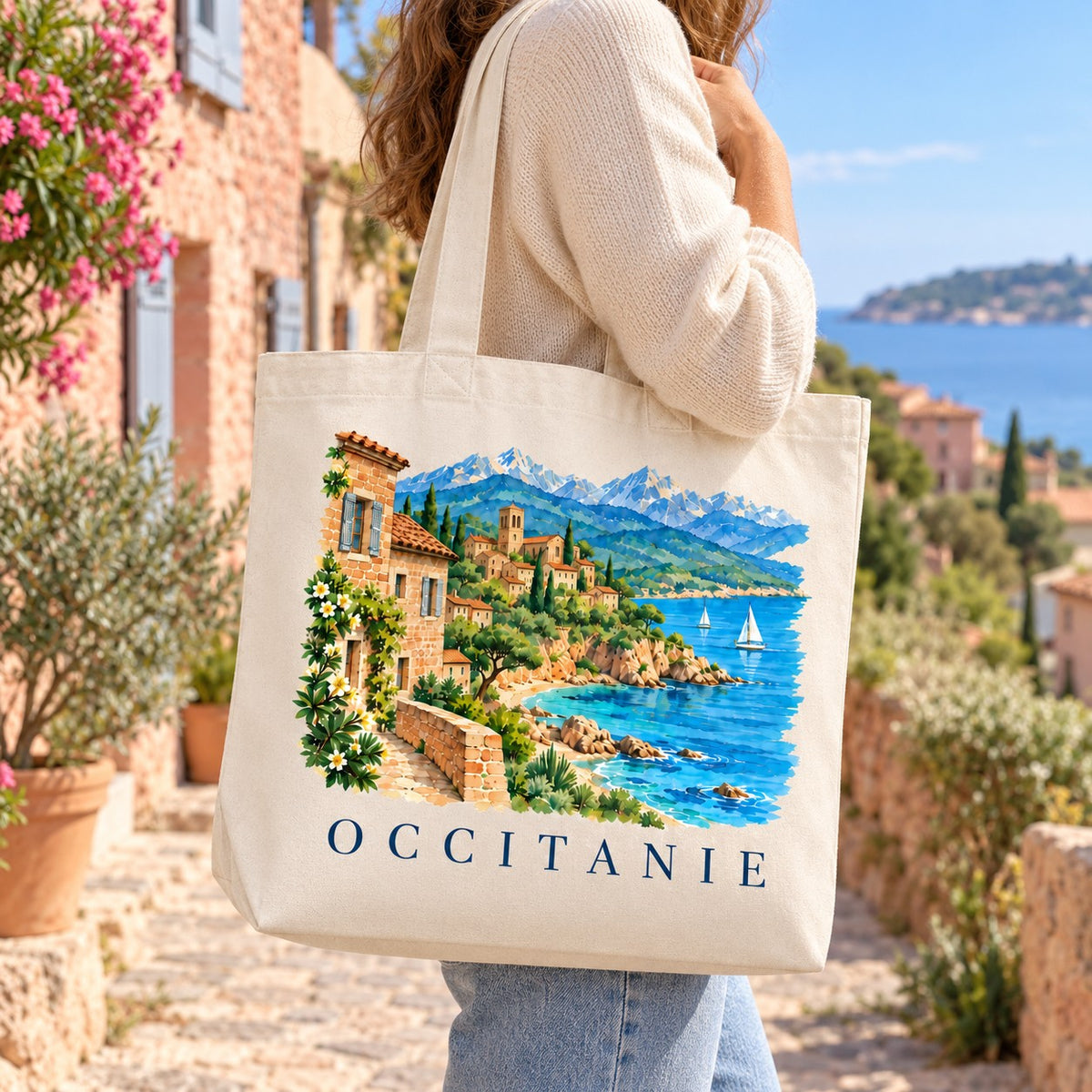 Tote bag Occitanie Premium porté à l'épaule dans une ruelle de village