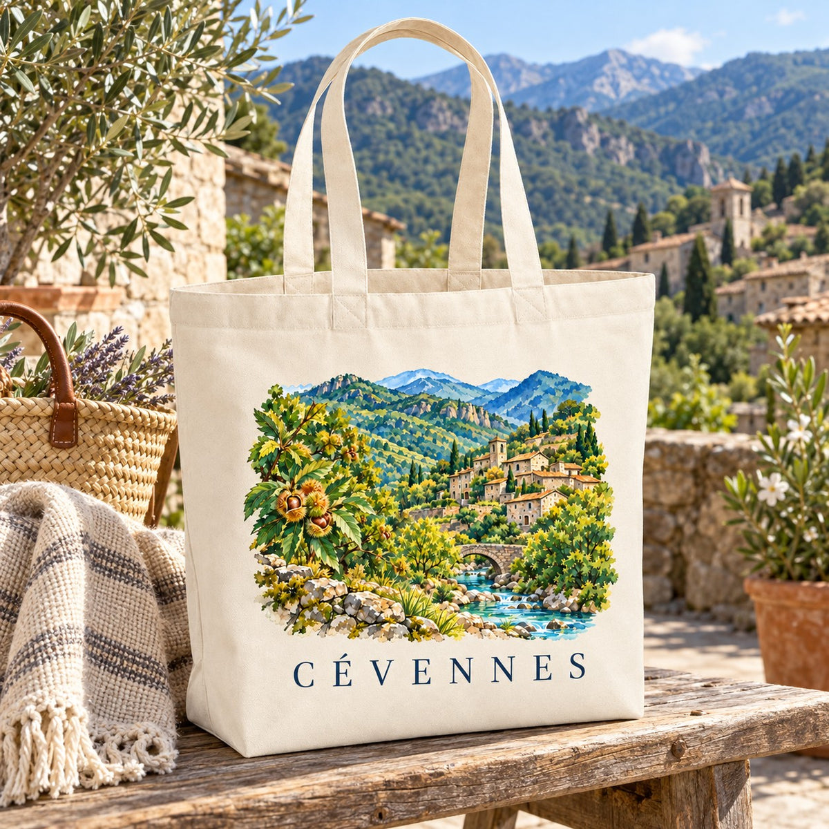 Tote bag Cévennes Premium posé sur un banc en terrasse