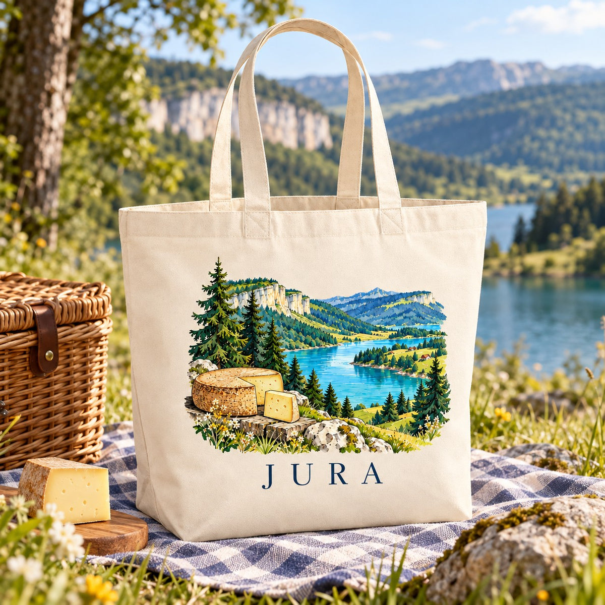 Tote bag Jura Premium posé sur un plaid, à côté d'une meule de fromage
