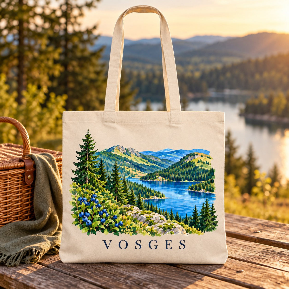 Tote bag Vosges Essentiel posé sur une table face au lac, au coucher du soleil
