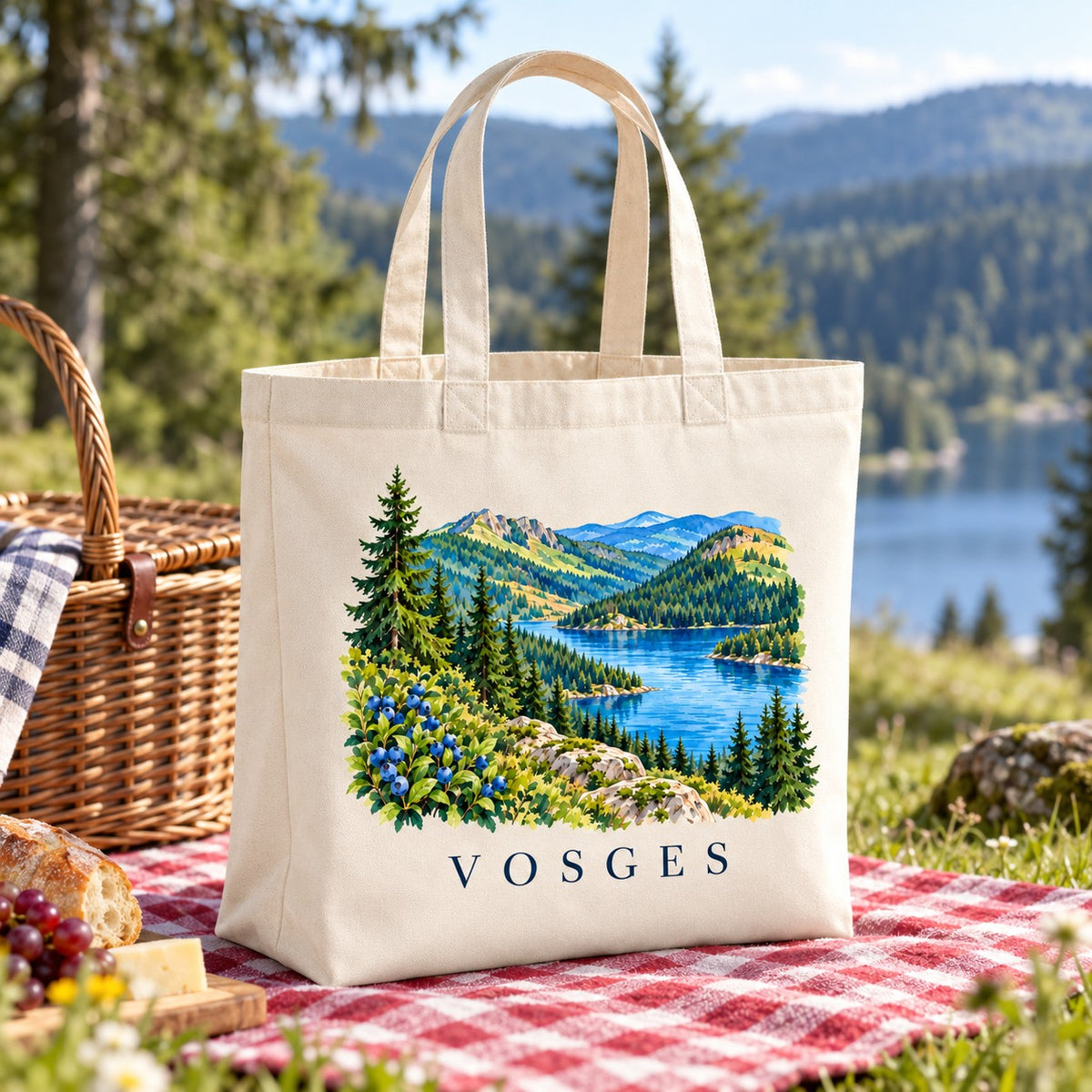 Tote bag Vosges Premium posé sur une nappe vichy rouge