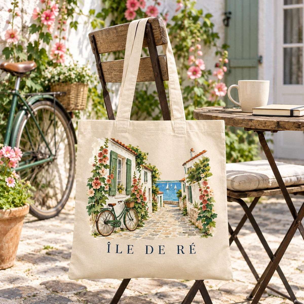 Tote bag Île de Ré Essentiel suspendu à une chaise de bois en terrasse, près d'un vélo