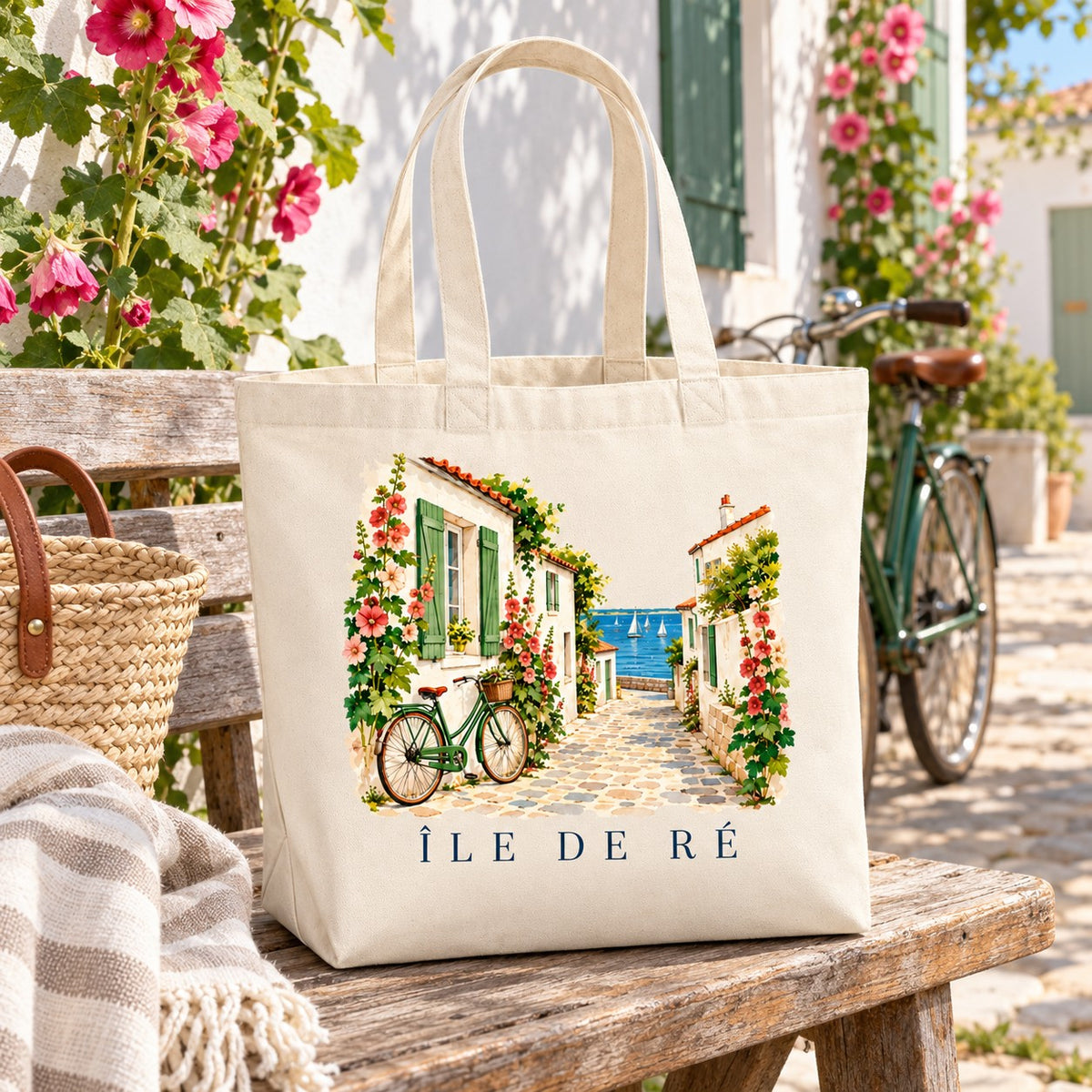 Tote bag Île de Ré Premium posé sur un banc, avec un panier, vélo en arrière-plan