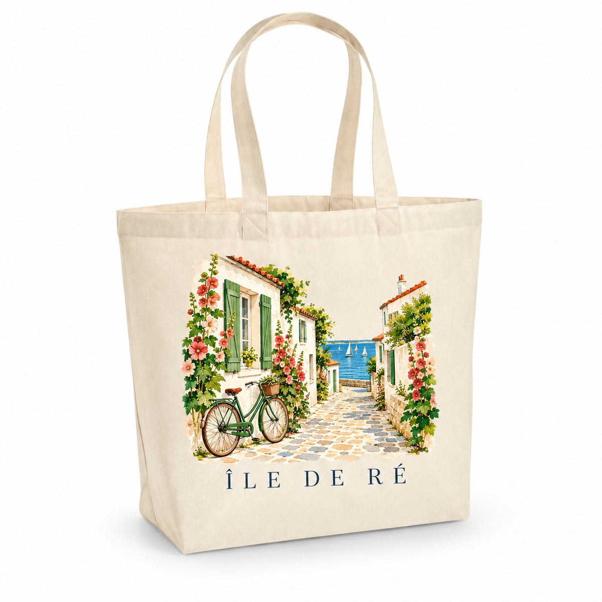 Tote bag Île de Ré Premium, cabas à soufflet en coton naturel 200 g/m² de 18 litres, illustration aquarelle des maisons blanches aux volets verts, des roses trémières et d'un vélo