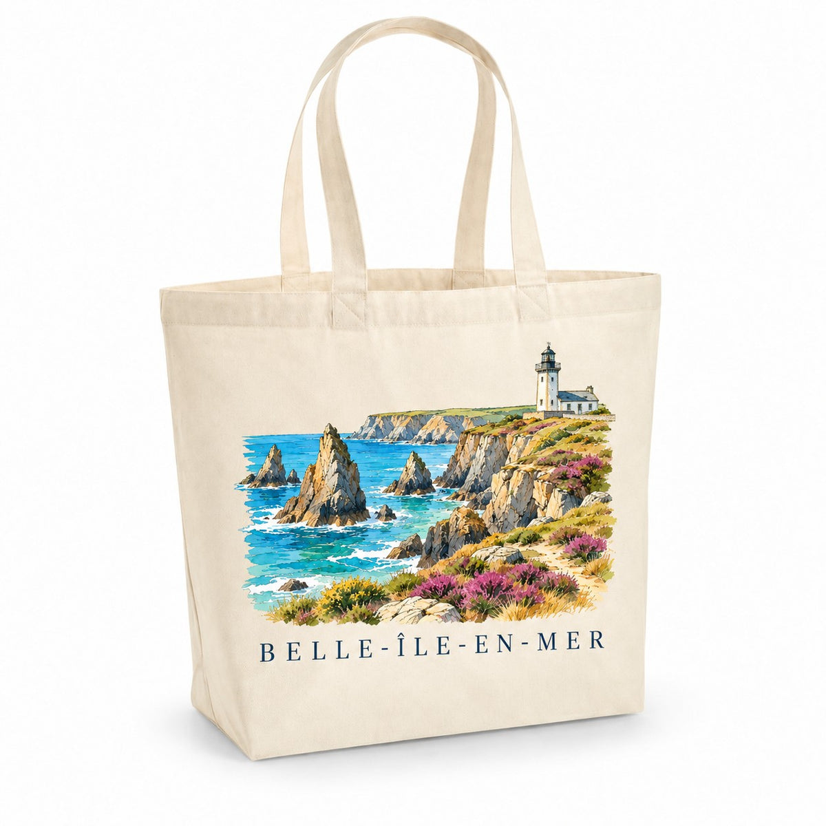 Tote bag Belle-Île-en-Mer Premium, cabas à soufflet en coton naturel 200 g/m² de 18 litres, illustration aquarelle des aiguilles rocheuses, des falaises, d'un phare et de la bruyère