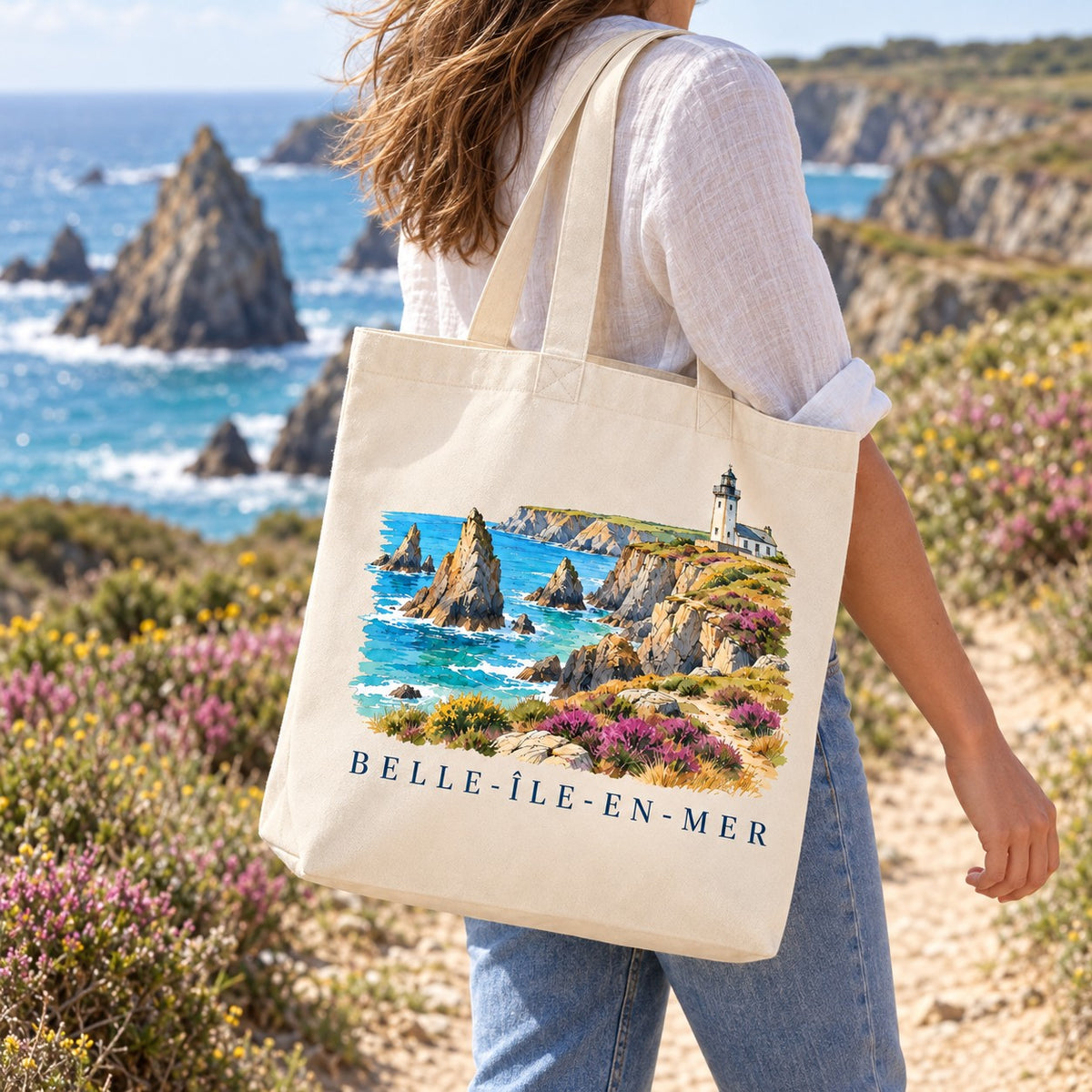 Tote bag Belle-Île-en-Mer Premium porté à l'épaule sur le sentier côtier