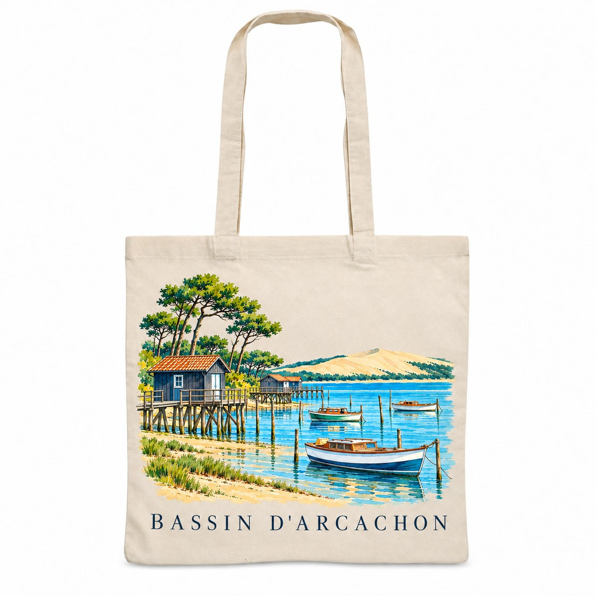 Tote bag Bassin d'Arcachon Essentiel, sac plat en coton naturel 140 g/m² de 38 × 42 cm, illustration aquarelle des cabanes tchanquées, des pinasses, de la dune et des pins
