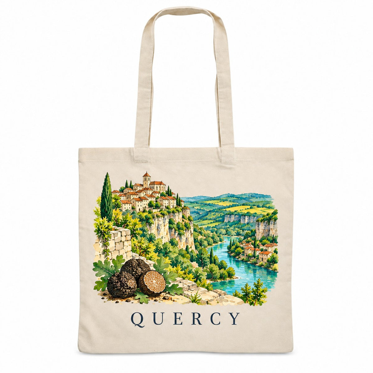 Tote bag Quercy Essentiel, sac plat en coton naturel 140 g/m² de 38 × 42 cm, illustration aquarelle d'un village accroché à la falaise, de la rivière et de truffes noires