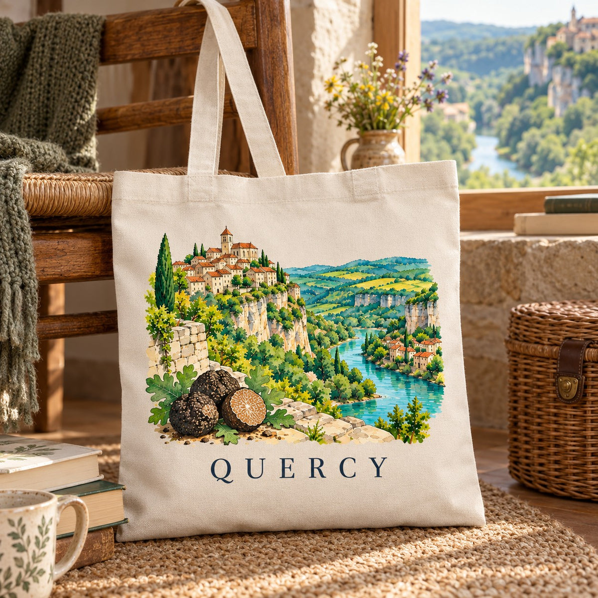 Tote bag Quercy Essentiel suspendu à une chaise dans une pièce aux murs de pierre