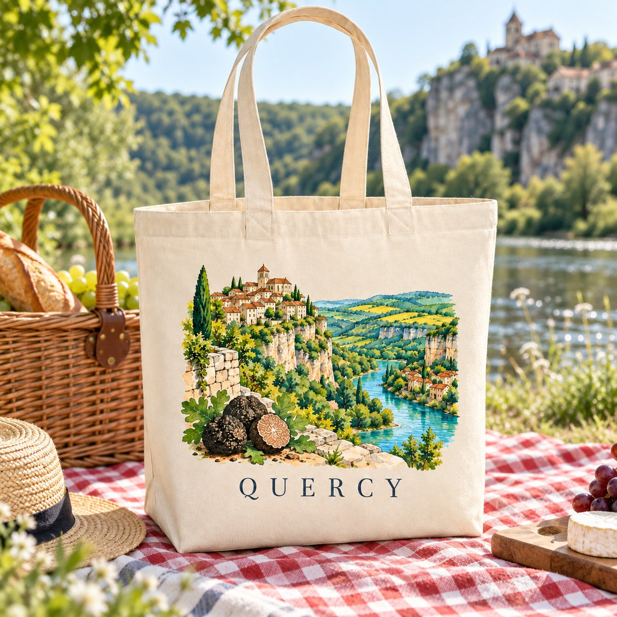 Tote bag Quercy Premium posé sur une nappe vichy au bord de la rivière
