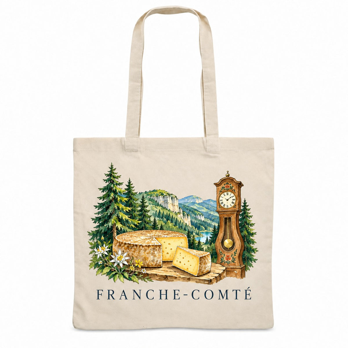 Tote bag Franche-Comté Essentiel, sac plat en coton naturel 140 g/m² de 38 × 42 cm, illustration aquarelle d'une horloge comtoise, des sapins, d'un lac et d'une meule de fromage