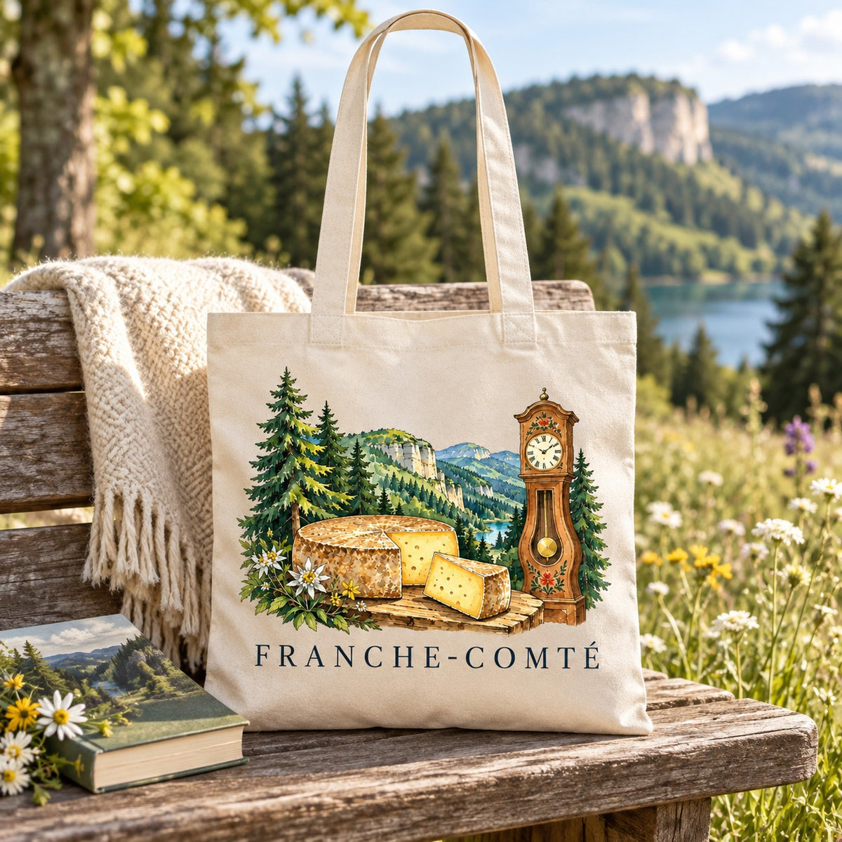 Tote bag Franche-Comté Essentiel posé sur un banc, avec un livre