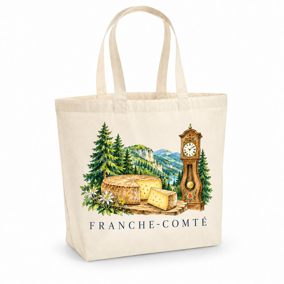 Tote bag Franche-Comté Premium, cabas à soufflet en coton naturel 200 g/m² de 18 litres, illustration aquarelle d'une horloge comtoise, des sapins, d'un lac et d'une meule de fromage