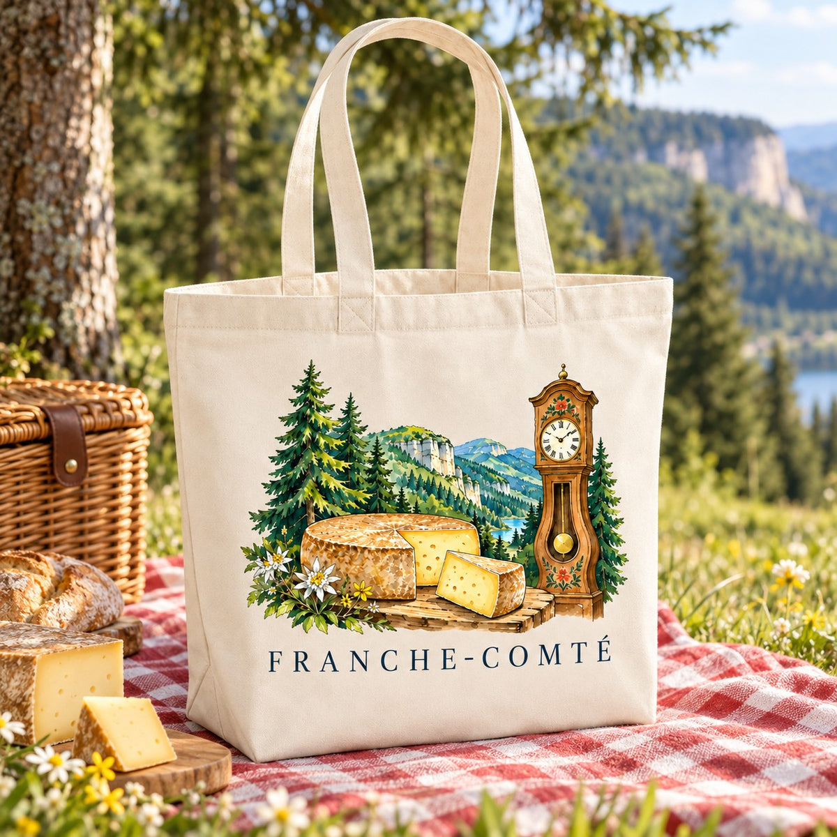 Tote bag Franche-Comté Premium posé sur une nappe vichy, à côté d'une meule de fromage