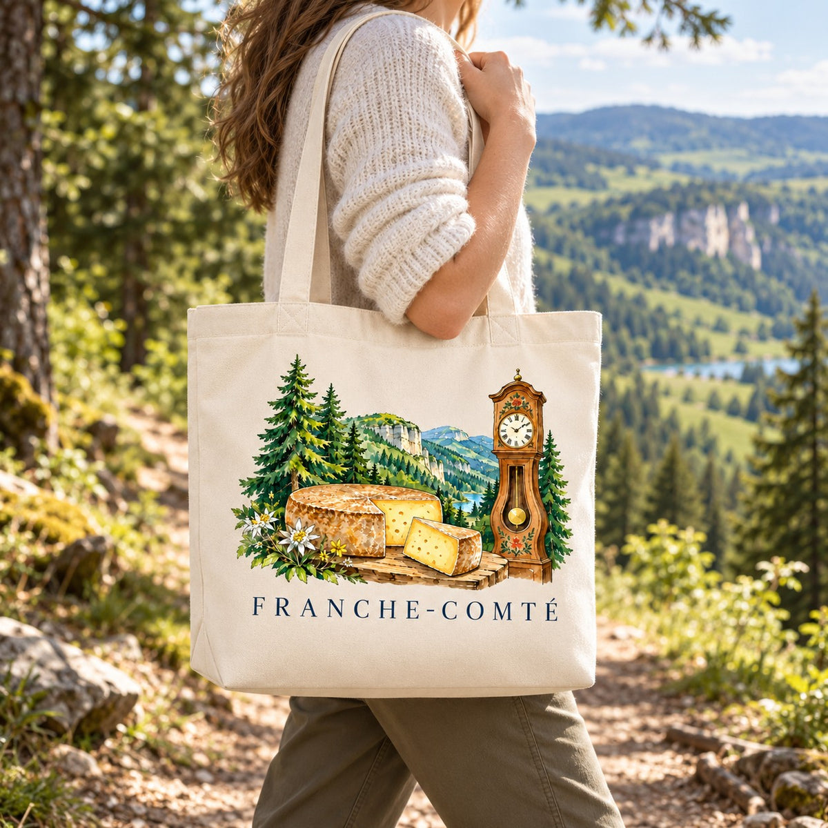 Tote bag Franche-Comté Premium porté à l'épaule sur un sentier forestier