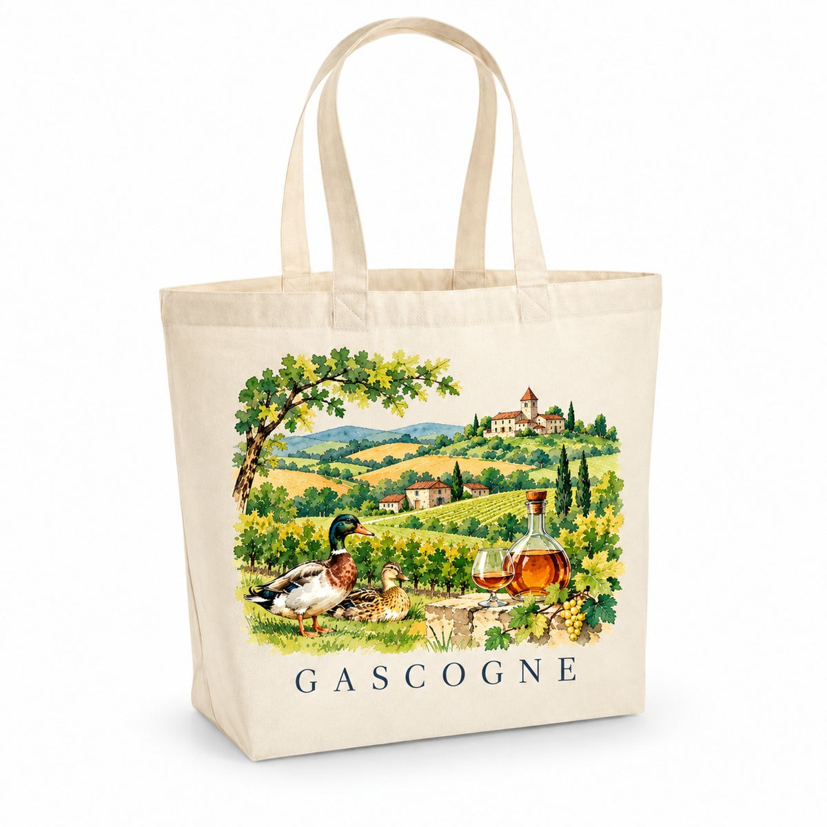 Tote bag Gascogne Premium, cabas à soufflet en coton naturel 200 g/m² de 18 litres, illustration aquarelle des collines, des vignes, d'un village perché et de deux canards