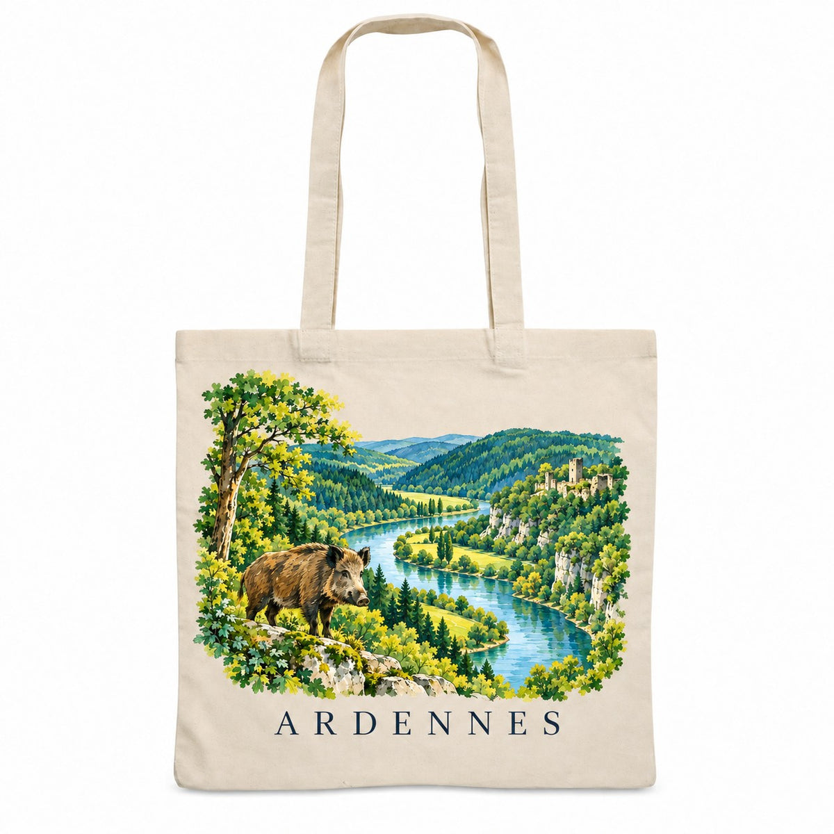 Tote bag Ardennes Essentiel, sac plat en coton naturel 140 g/m² de 38 × 42 cm, illustration aquarelle des méandres de la rivière, des forêts et d'un sanglier