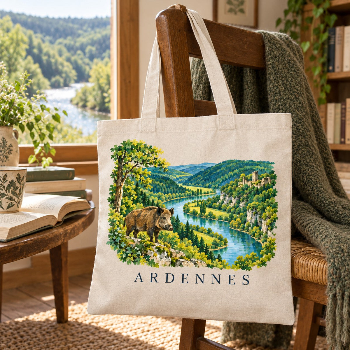 Tote bag Ardennes Essentiel suspendu à une chaise près d'une fenêtre ouverte sur la forêt, avec un plaid et un livre